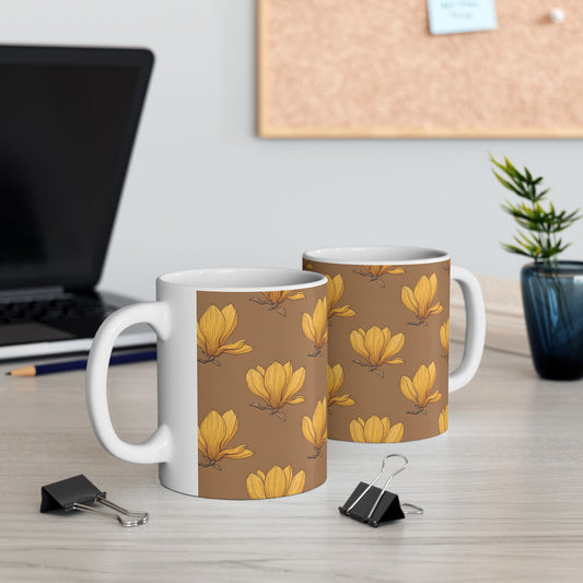 Floral Mug - Magnolia Flower Sketch on Warm Brown Background